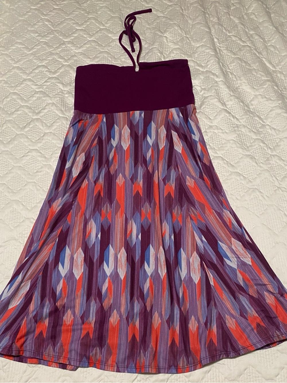 Prana Strapless Maxi Dress in Plum Geo Print with Coral and Blue Accents